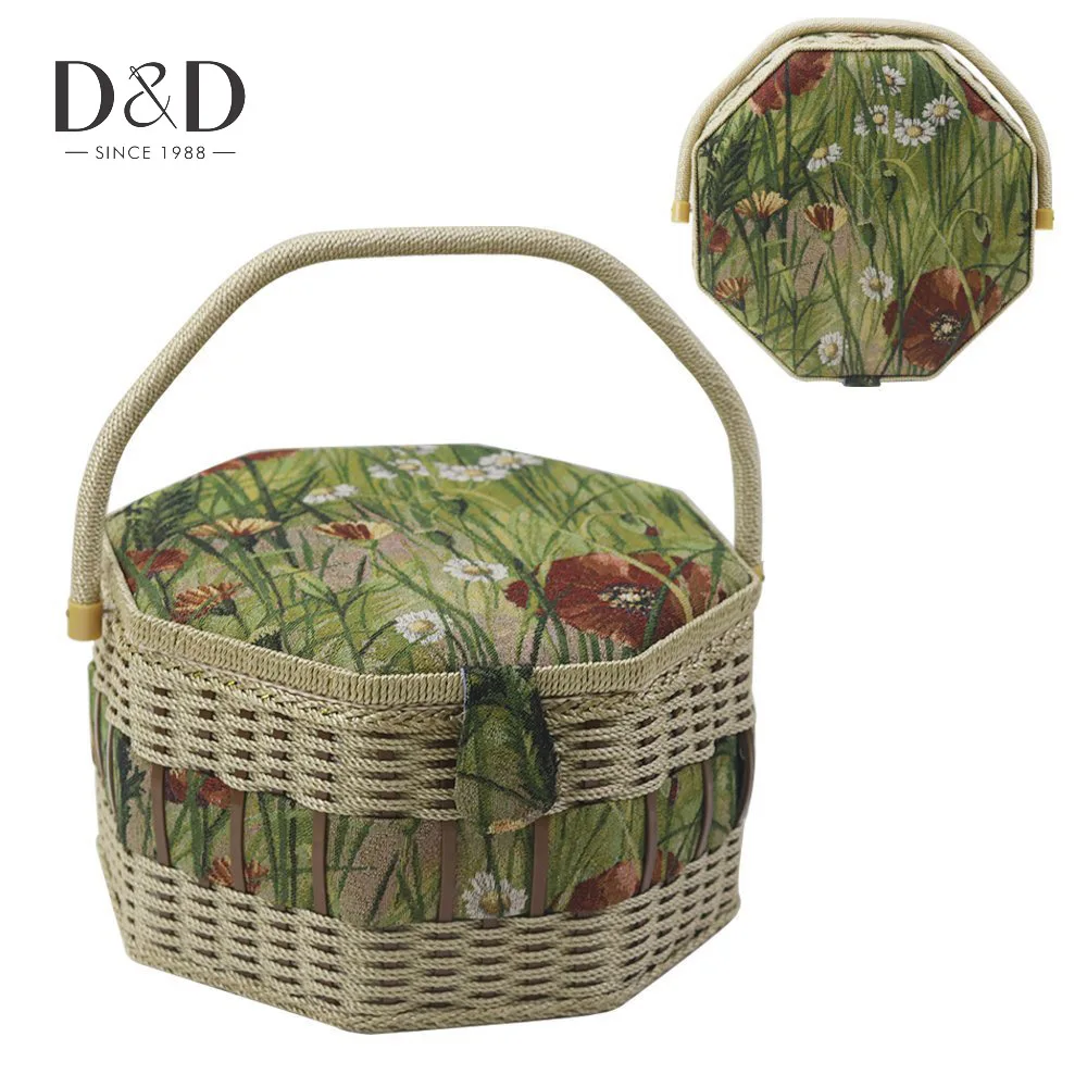 Винтажная восьмиугольная швейная корзина с швейными комплектами деревянная и