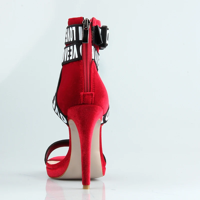 Женские босоножки из флока красные вечерние с открытым носком на очень высоком