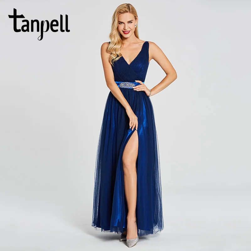 Tanpell, вечернее платье с разрезом спереди, темно-синее, без рукавов, длина до пола, ТРАПЕЦИЕВИДНОЕ ПЛАТЬЕ для женщин, вечернее длинное платье для выпускного вечера es