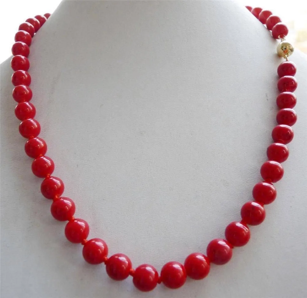 

wholesale good huij 004906 /20 CLASP 8mm Red Sea Coral Gems Round Bead Necklace 18" collares anime 925 -jewelry