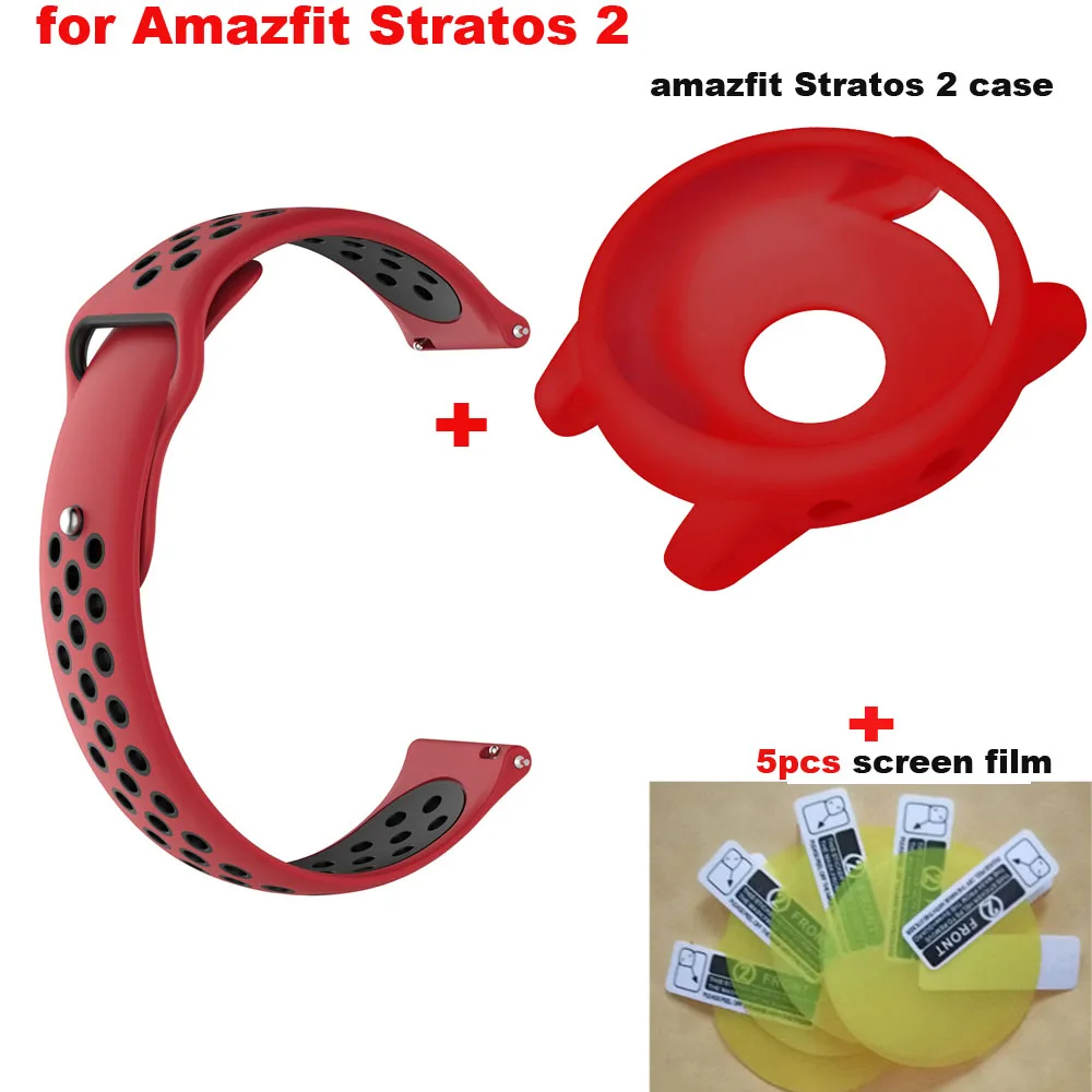 Red black-red 7/лот Amazfit Stratos 2 ремешок 22 мм силиконовый браслет для Xiaomi Huami Amazfit Stratos 2 Watch Band защитные чехлы пленка для экрана - Цвет: Red black-red