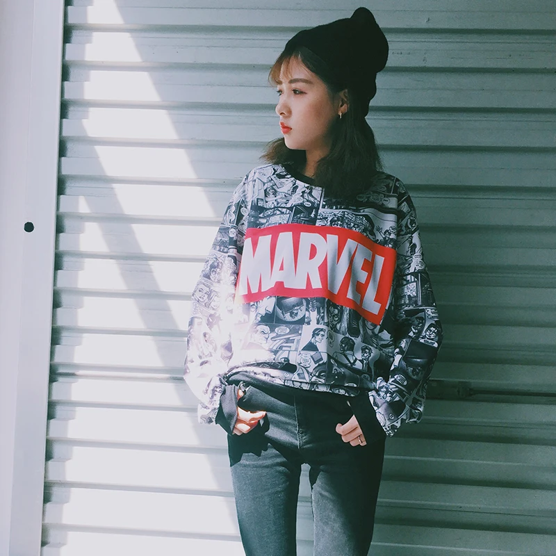 Harajuku мода Marvel Comics принтом Для женщин толстовки Винтаж хлопковая свободная толстовка с капюшоном с длинным рукавом Для женщин пуловеры