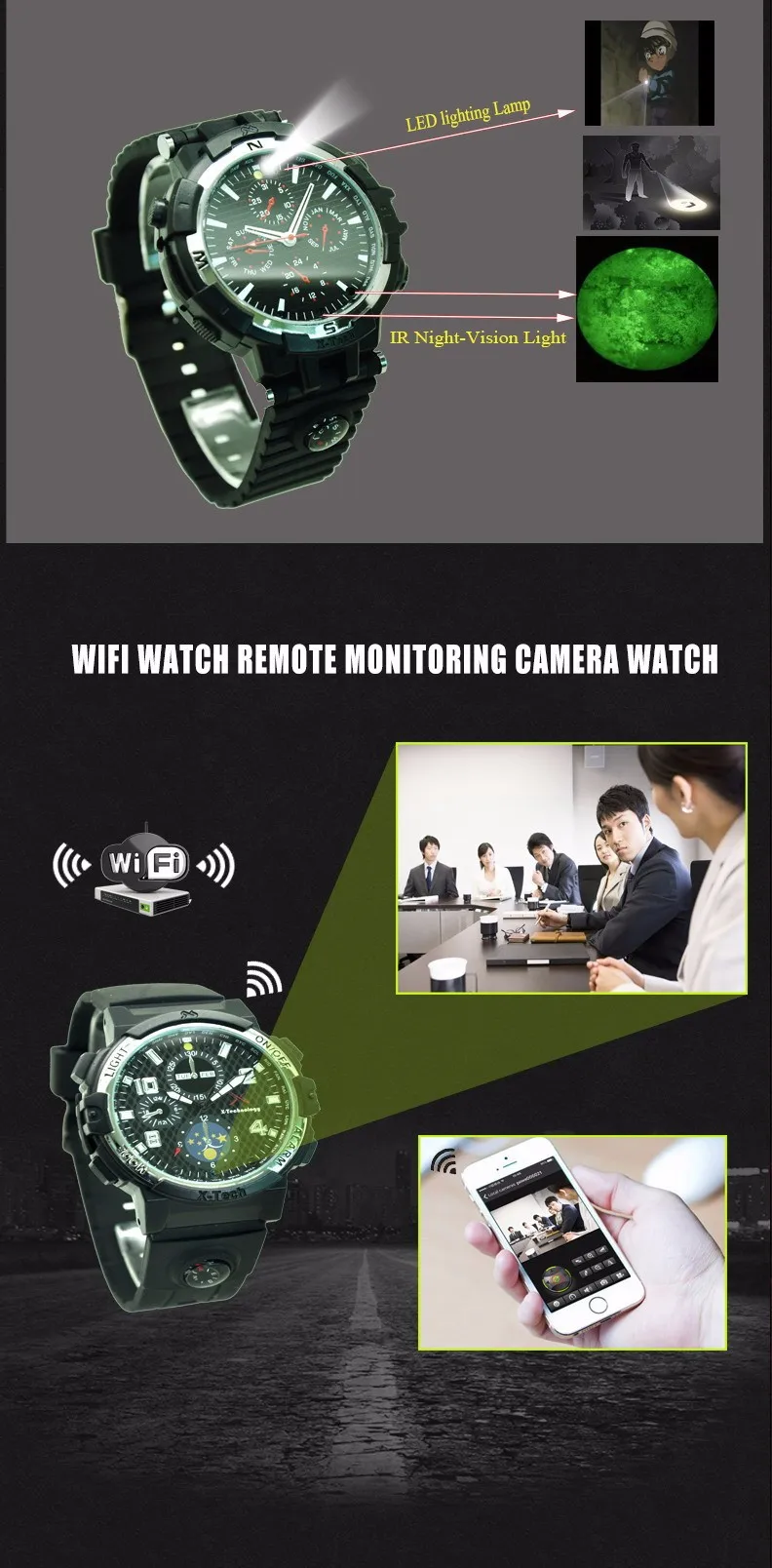 Новое прибытие водонепроницаемый 720 P Беспроводной Wi-Fi 32 ГБ TF smartwatch наручные часы с камерой светодиодный удаленного мониторинга для IOS Android