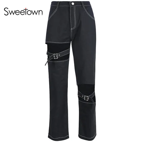 as picture Sweetown Black Hollow Out Punk Style Straight Pants Women Streetwear Pockets Striped Summer Autumn High Waist Trousers Gothic - Цвет: as picture