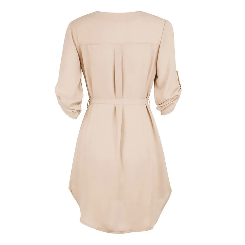 HEFLASHOR Summer v neck loose Chiffon Blouse casual solid beach dress for vacation Tunic Sundress dresses with Belt robe femme | Женская