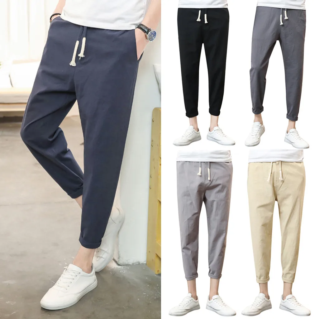

2019 summer men Trousers Harem Pants summer elastic waist loose harem pants wide leg cotton and linen loose Capri pants W620