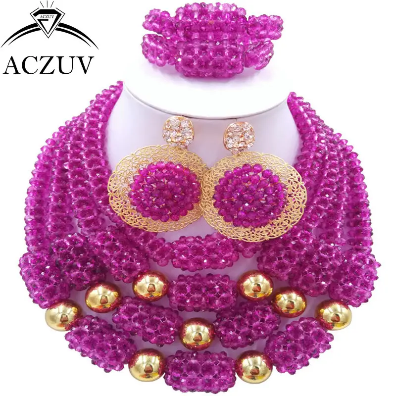 

ACZUV Latest Purple Women Costume African Beads Jewelry Set for Wedding Engagement Anniversary Party D4R033