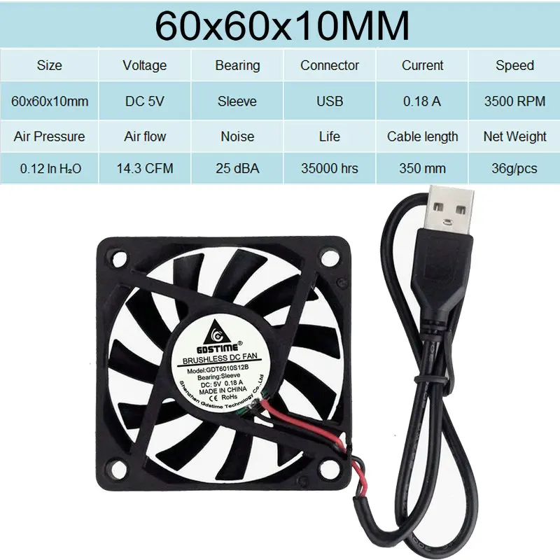 2 шт. в партии Gdstime 5 в USB разъем 80 мм x 10 мм 40 мм 50 мм 60 мм 80 мм 90 мм 120 мм 140 мм PC Вентилятор Кулер Радиатор вытяжной - Цвет лезвия: 60x10mm Sleeve USB