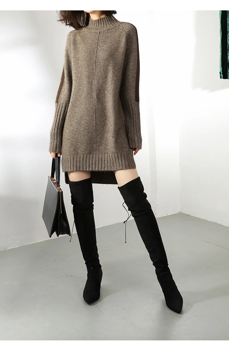 cashmere wool blend women fashion mid long open hem hip pack skirt dress half-high collar pullover sweater S-3XL | Женская одежда