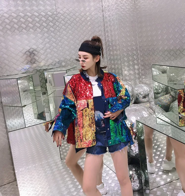 Женская джинсовая куртка WHITNEY WANG яркого цвета с блестящими блестками на весну и