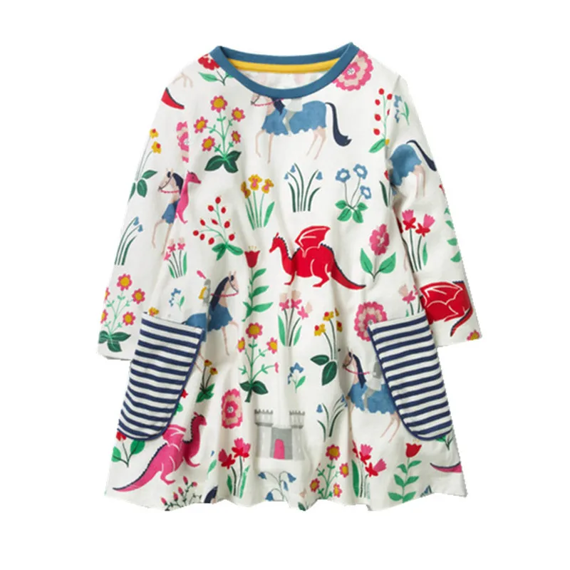 Jumping meters baby girl dresses long sleeve striped applique unicorn fashion cotton children clothes toddler frock kids | Детская