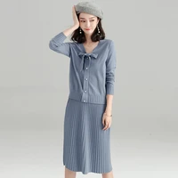 winter two piece set women clothes elegant long sleeve v neck bow pearl button cardigan sweater and pleated skirt for ol female