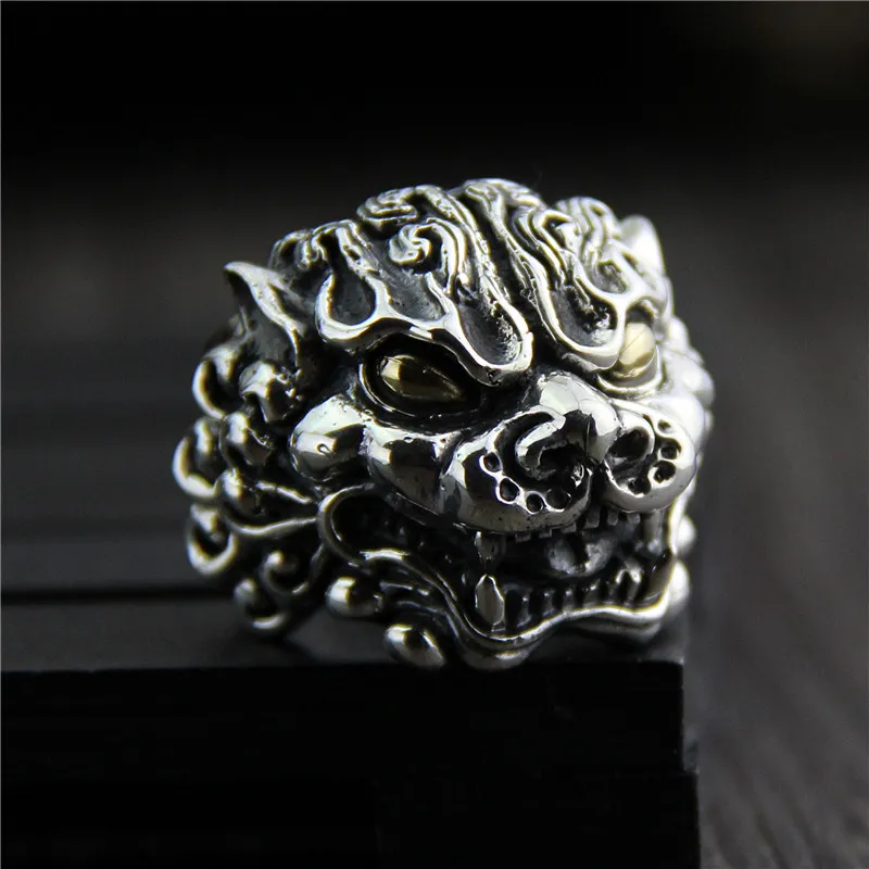 

C&R 925 Sterling Silver Rings for men Vintage exaggerated Carved Lucky beast gold eyes Silver Ring Fine Jewelry Size 9-12