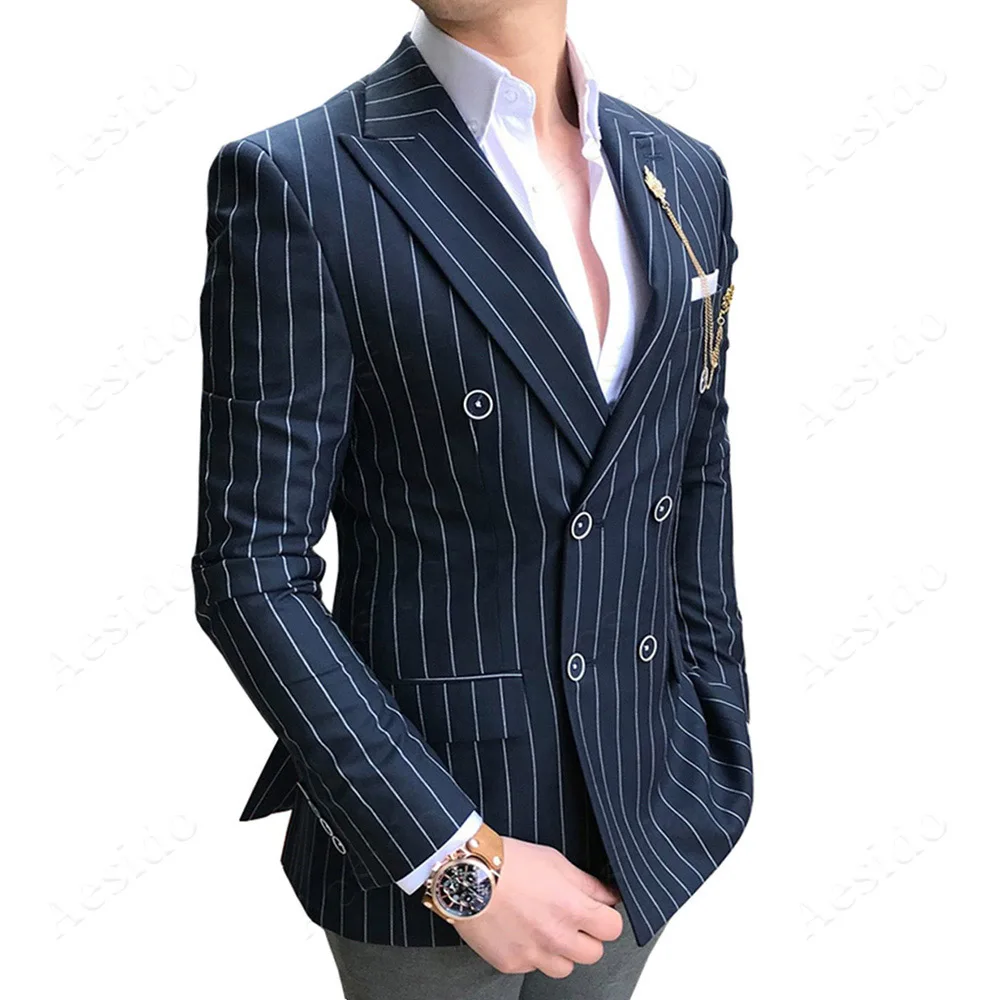 Navy Aesido Стильные пиджаки Slim Fit Выходные туфли на выпускной смокинги полосатый шерстяной двубортный костюм торжественный ужин вечерние Balzer свадебные, для жениха - Цвет: Navy