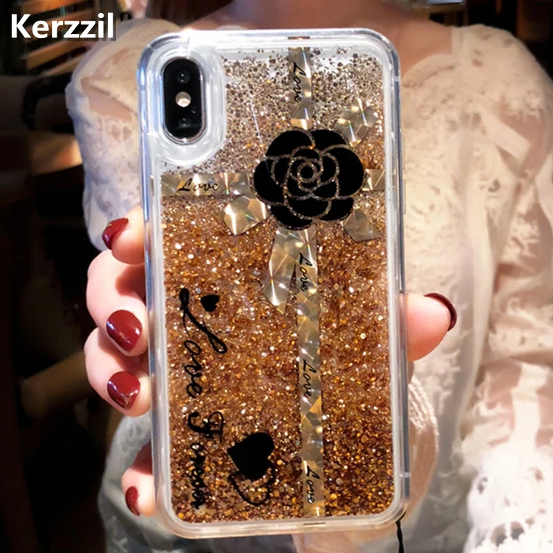 Kerzzil роскошный золотой блестящий зыбучий песок чехол для iPhone X 10 цветок Мягкий