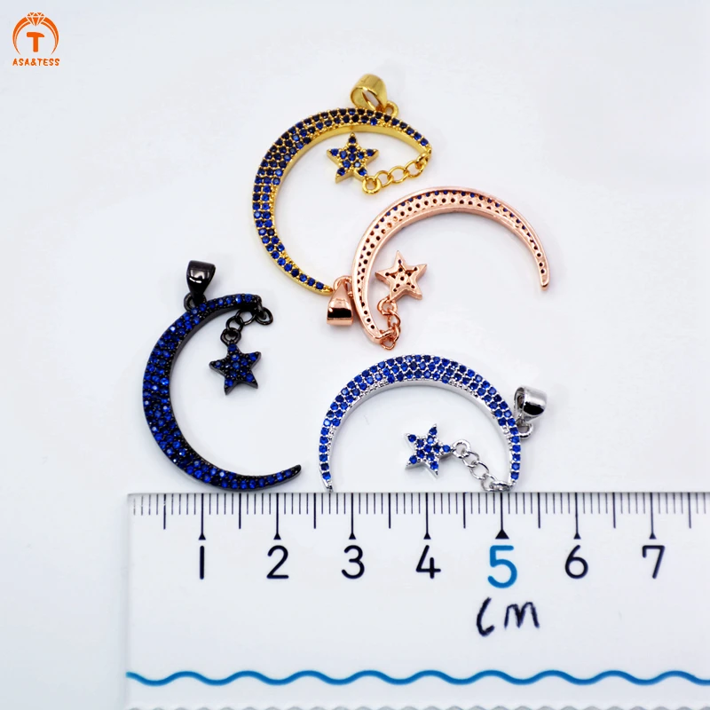 

ASA&TESS Half moon crescent star pendant for necklace micro paved CZ Micro pave findings blue Cubic Zirconia plated colour