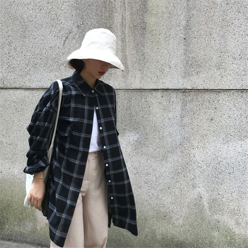 Harajuku Oversized Long Loose Casual Plaid Shirts Women 2019 Spring And Summer Korean Sleeve Blouses Vintage Female Tops |
