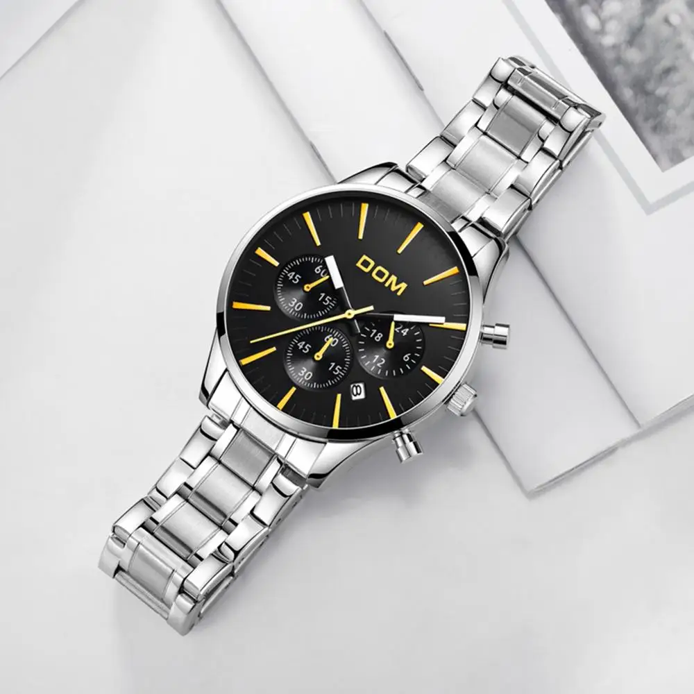 Reloj Dom спортивные мужские часы кварцевые с тремя глазами серебряные бизнес Топ
