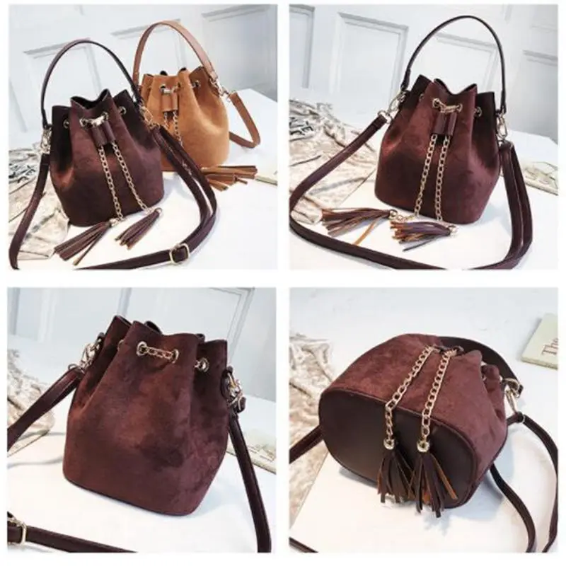 2020 высококачественные женские замшевые сумки на плечо ведро с кисточками для