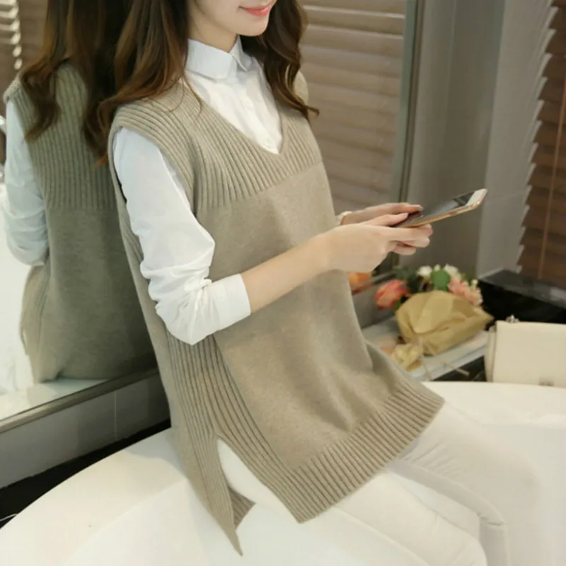 

Women Casual Loose Knitted Vest Solid Sleeveless Jacket 4 Colors Split Side V-Neck Pullover Waistcoat Autumn Winter New 801-564