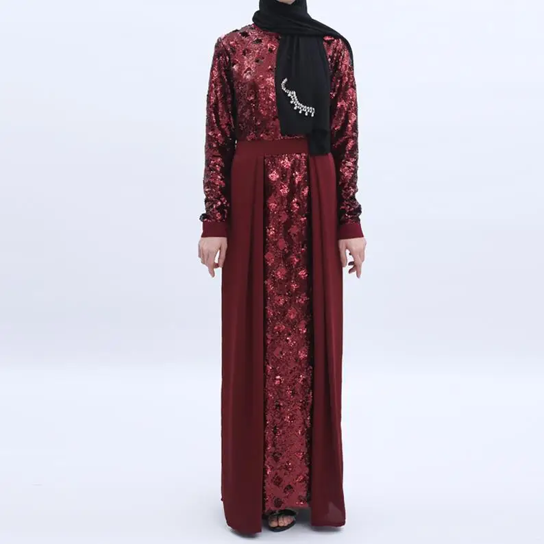 Sequin Vestidos Абая для мусульман, Дубай Арабский пакистанский хиджаб платье для женщин турецкие платья кафтан Elbise Eid халат Musulmane - Цвет: Wine red dress