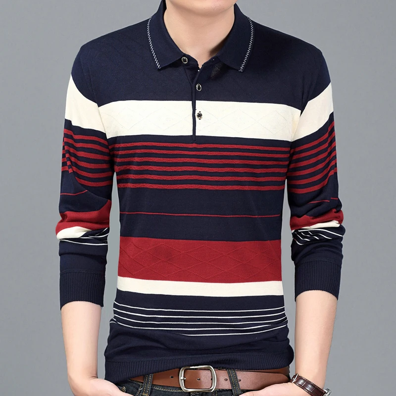2019 длинные рукава рубашка-поло в полоску для мужчин Хлопок Уличная футболки-поло