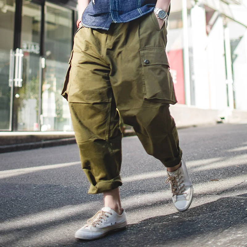 MADEN men's loose overalls multi pocket green casual pants cotton harem men|Джоггеры| |