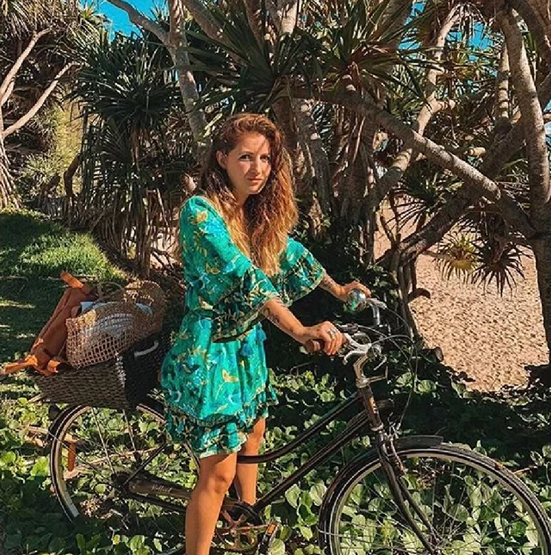 TEELYNN mini dresses for women flare sleeve Malachite green BOHO Dresses rayon ILONA Forest floral print summer Dresses vestido