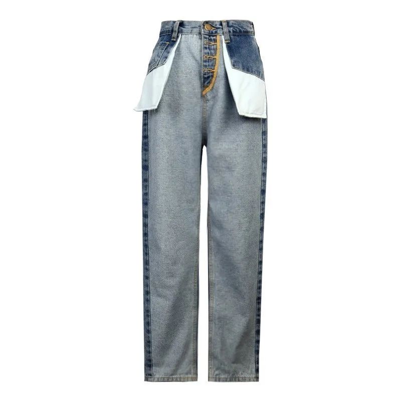 blue TWOTWINSTYLE, джинсовые брюки для женщин, высокая талия, хит цветов, пэчворк, карманы, длина по щиколотку, джинсы для женщин, весна, повседневные - Цвет: blue