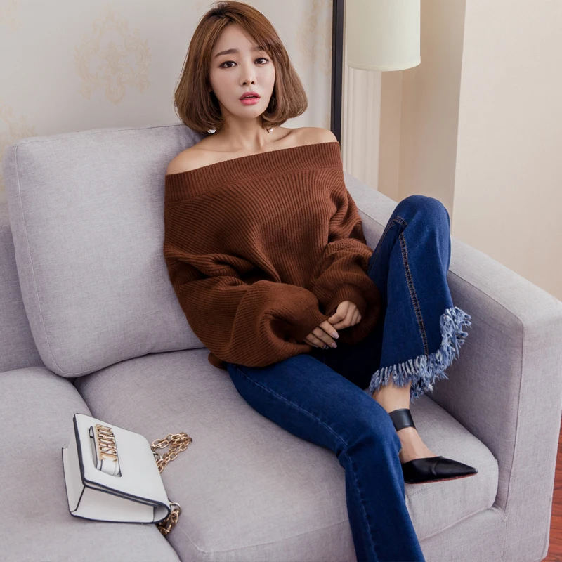 

Winter Sweater Women 2018 Sexy Slash Neck Off Shoulder Pullovers Knitted Sweaters Female Thicken Casual Loose Knitting Tops