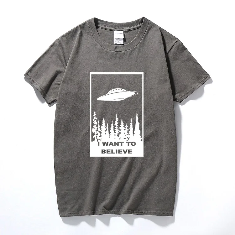 Темно-серый Футболка с надписью «I Want to Believe», забавная футболка, sci fi, ufo, space x fiction, файлы с инопланетянами, хлопковая футболка с короткими рукавами, camisetas hombre - Цвет: Темно-серый