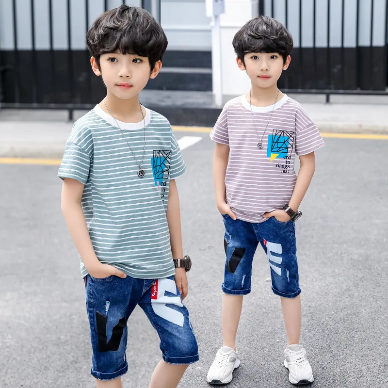 2019 Toddler Boy Summer Clothes Big Boys Boutique Kids Clothing Set Suits Children Outfits Striped T-shirts + Denim Shorts |