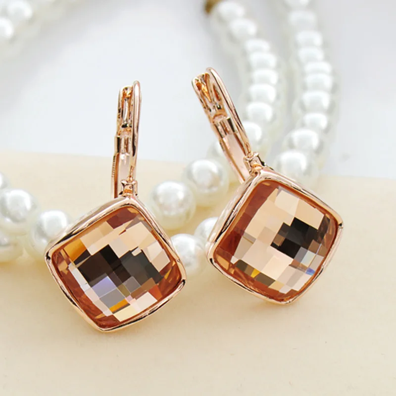 Women's Gift: Square Crystal Earrings in Rose Gold with Brown, Blue, Green, Purple, and Red Geometry by MOONROCY image 6