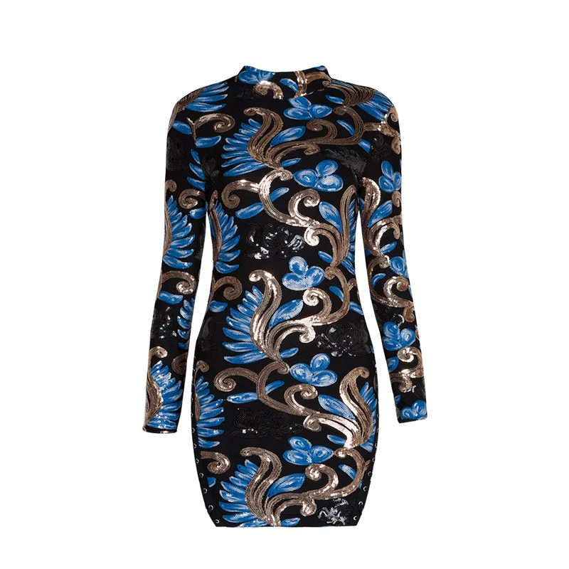 

Beateen 2018 New Sexy Women Turtleneck Long Sleeve Sequined Print Vintage Split Lace Up Bodycon Sheath Party Mini Dresses