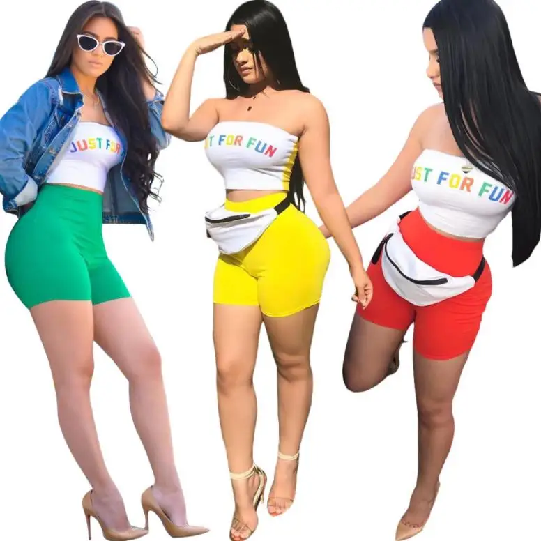 

Letters Print Two Pieces Set Sexy Off Shoulder Wrap Chest Elastic Skinny Mini Tight Shorts Suit 2 Piece Outfits For Women