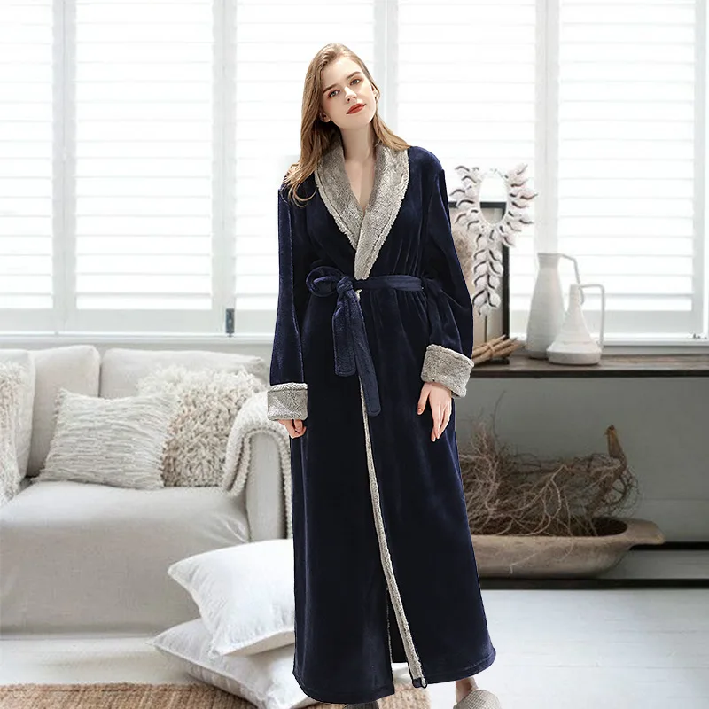 blue women robe Зимний длинный халат, женский теплый халат, Женский банный халат, Пара толстых теплых полотенец для влюбленных, женское кимоно, пеньюар, Femme - Цвет: blue women robe