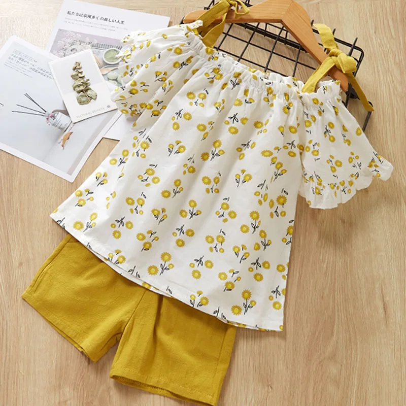ax1059 Yellow Повседневные комплекты одежды для девочек; летний комплект одежды для детей; Милая футболка с цветочным рисунком и шорты ; костюм ; детская одежда из 2 предметов ; комплект одежды для девочек - Цвет: ax1059 Yellow