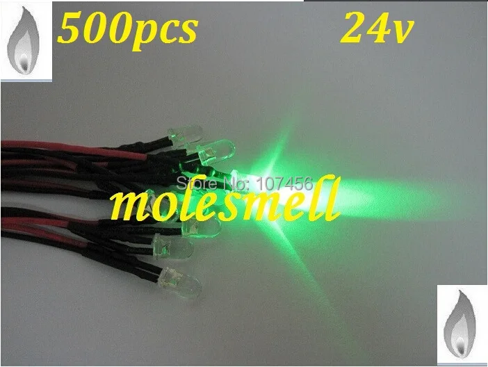 Free shipping 500pcs 5mm green Flicker 24V Pre-Wired Water Clear LED Leds Candle green Light 20CM