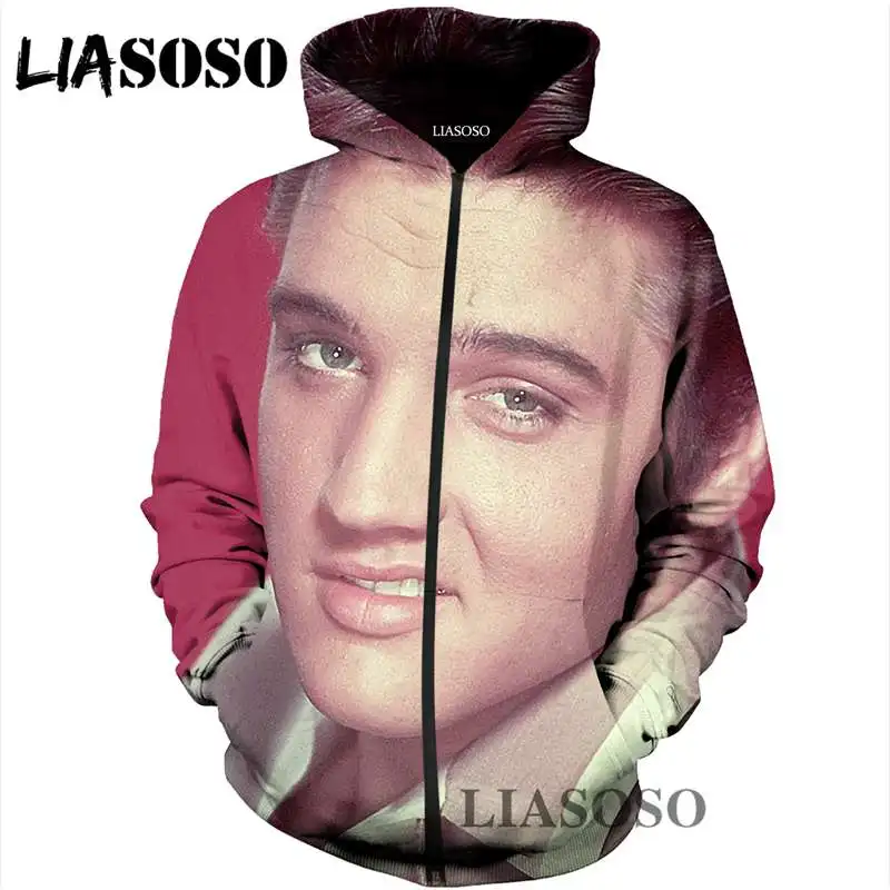 LIASOSO зима Harajuku Мужская и Женская толстовка на молнии с 3D принтом Elvis Presley пальто