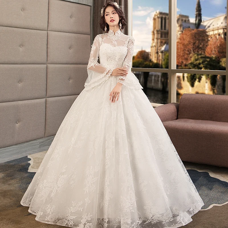 

White Lace Long Sleeve Muslim Wedding Dress Ball Gown High Neck Wedding Gown Floor Length Custom Size vestidos de novia 2019