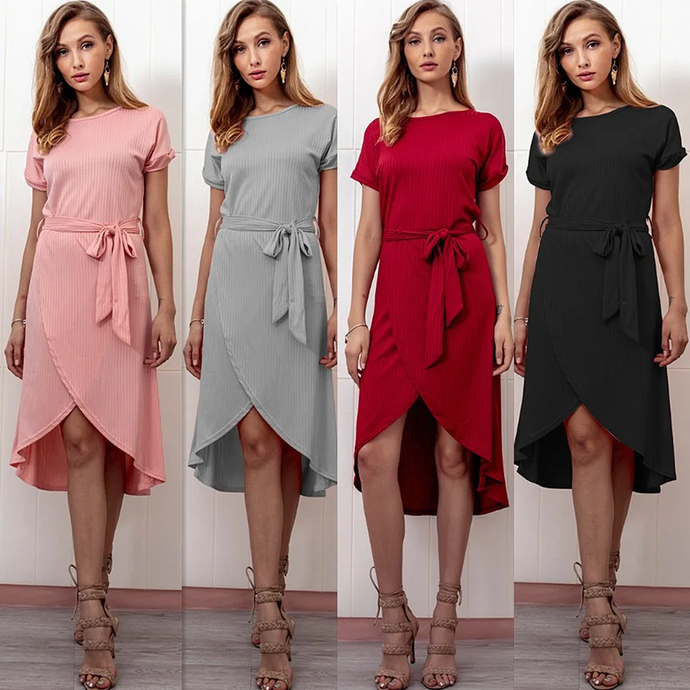 Женское осеннее платье с коротким рукавом и О образным вырезом однотонное модное