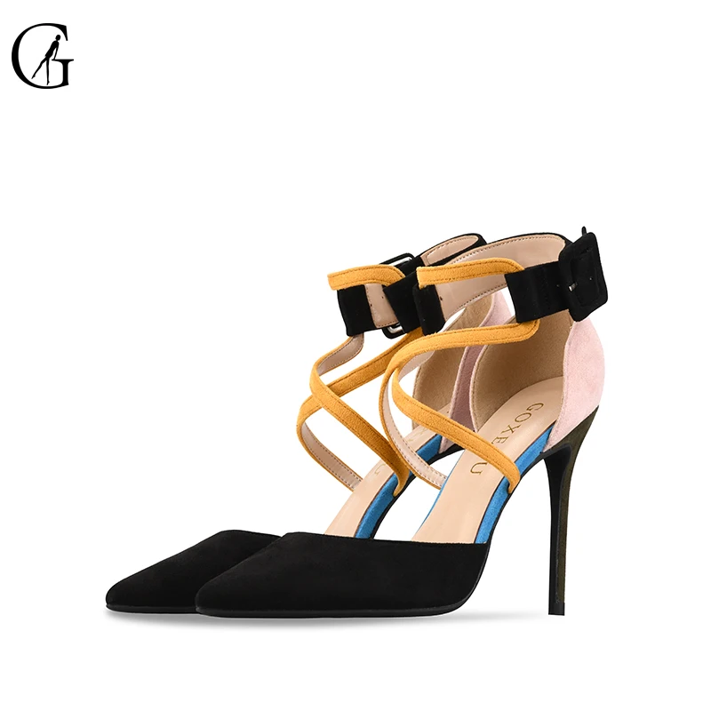 GOXEOU/ г.; женская обувь; size32-46 на тонком высоком каблуке; пикантные туфли из флока с острым носком; свадебные офисные разноцветные туфли ручной работы;