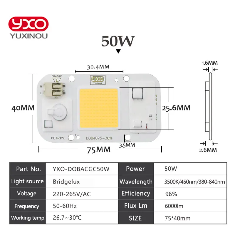 Solderless светодиодный DOB чип лампа 50 Вт AC 110 В IP65 Smart IC Fit без водителя COB светодиодный для DIY светодиодный прожектор холодный белый теплый белый синий