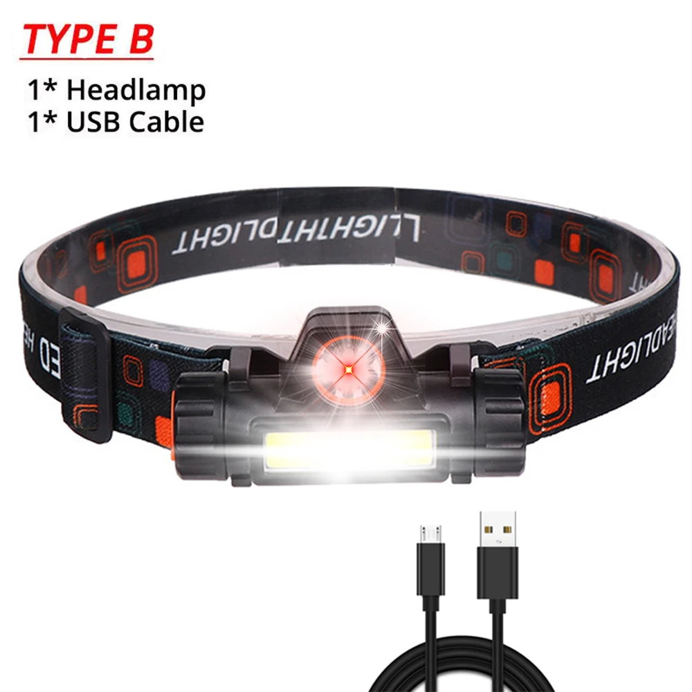 Type B Самый мощный головной светильник XPE+ COB USB Перезаряжаемый налобный фонарь встроенный аккумулятор головной светильник водонепроницаемый Головной фонарь для кемпинга Головной фонарь - Испускаемый цвет: Type B