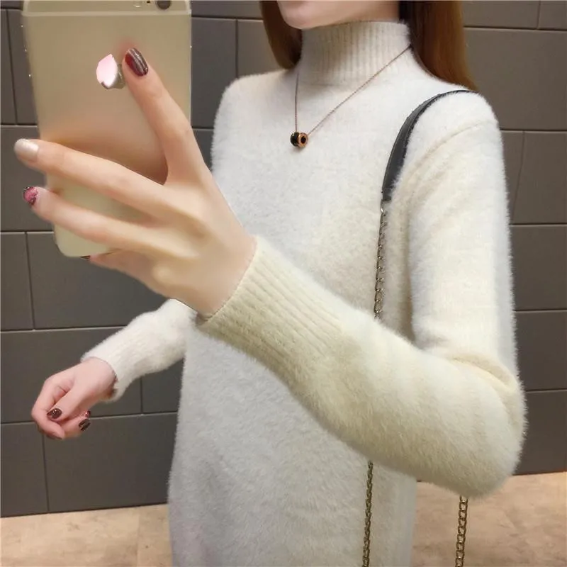 

UHYTGF Winter Sweater Women Imitation Mink Cashmere Loose Ladies sweater Turtleneck Knitted Pullover long sweater plus size 1159