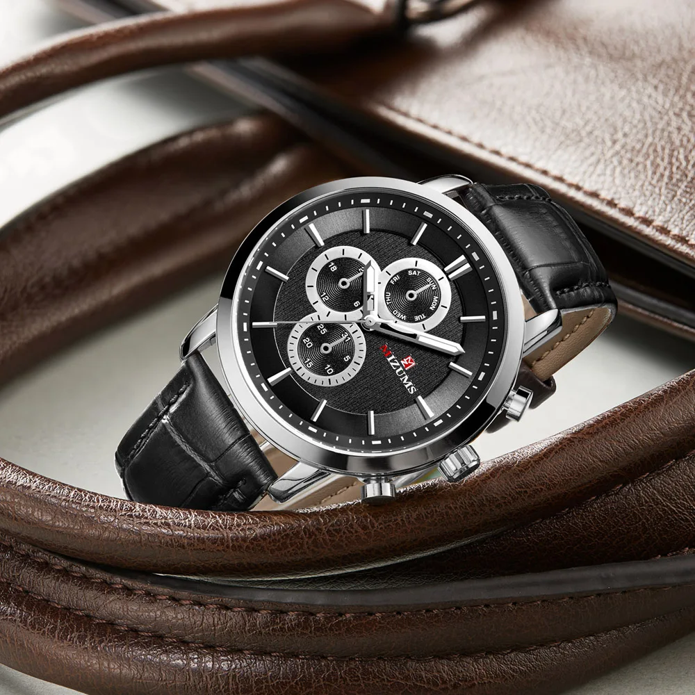 Дизайнерские мужские часы деловые наручные роскошный бренд Mizums кожаный ремешок