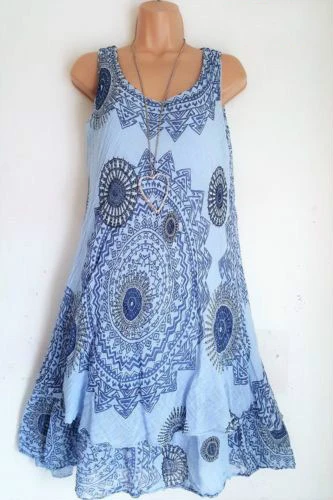 blue dress Двойной Два Многослойный Слой Подол Платье Юбка Покроя Трапеция A Линия Каскад Оборки Винтаж Ретро Принт Больше Плюс Сайз Платье Для Женщина 4xl 5xl Сарафан Пляжное Платье Без Рукавов Платье Повседневный - Цвет: blue dress