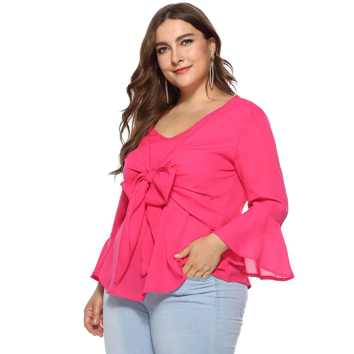 Elegant Charm Casual Natural Bright Women's Large Size Solid Color V-neck Trumpet Ruffled Bow Accessories Chiffon Shirt |
