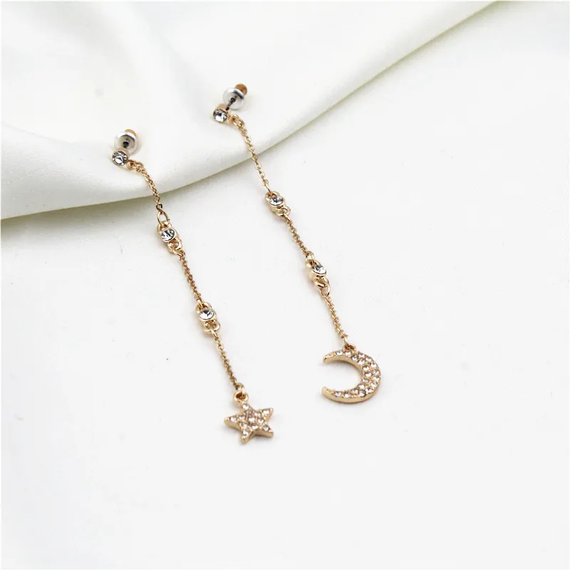 New Statement Elegant Crystal Star Drop Earrings for Women Fashion Long Chain Moon Dangle Jewelry Gift High Quality | Украшения и
