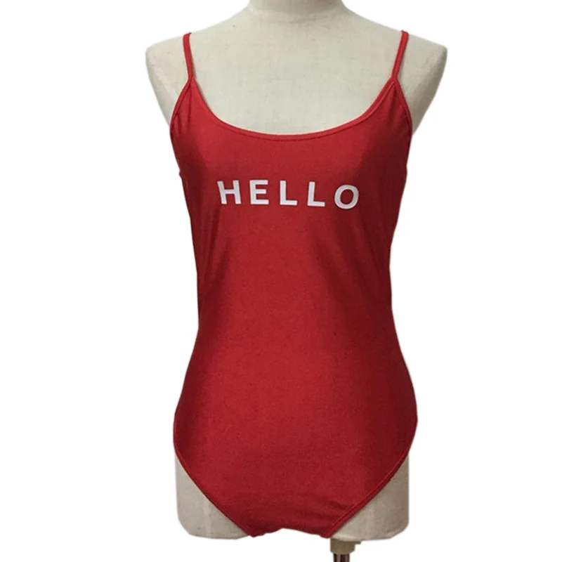 Купальник женский с открытой спинкой красный принтом в виде букв Hello Goodbye пляжная